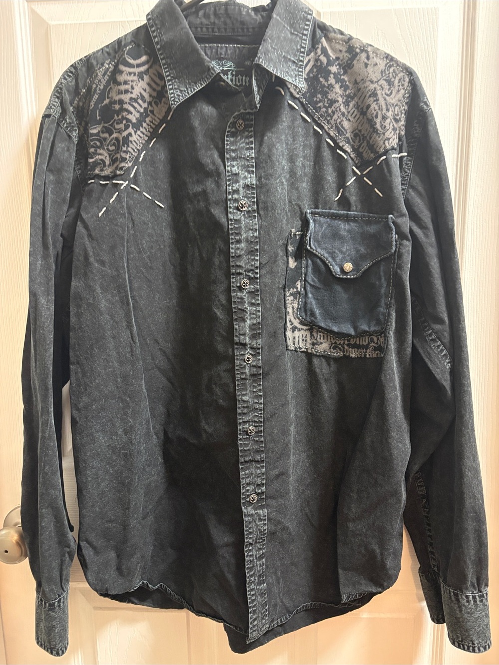 Affliction Black Washed Denim Shirt Jacket with Graphic Yoke and Patch Pocket